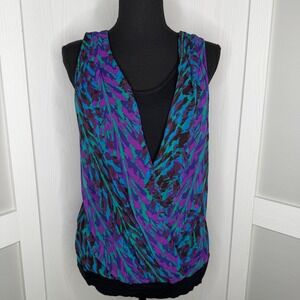 Express Faux Wrap Tank Top Womens Medium Purple Teal Abstract Layered Sleeveless